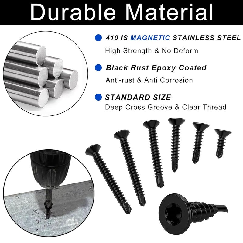 HanTof 100Pcs Torx Drive High-Strength Quick Tapping Screws for Metal, Black #8 x 5/8" Flat Head Self Drilling Screws, 410 Stainless Steel Sheet Metal TEK Screws Assortment with 1 Pcs T20 Bits - Image 4